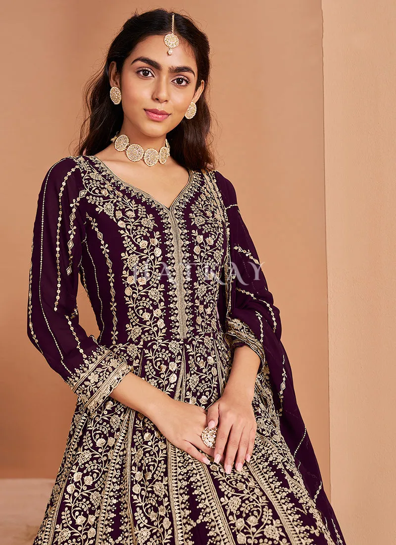 Deep Wine Embroidery Anarkali Suit