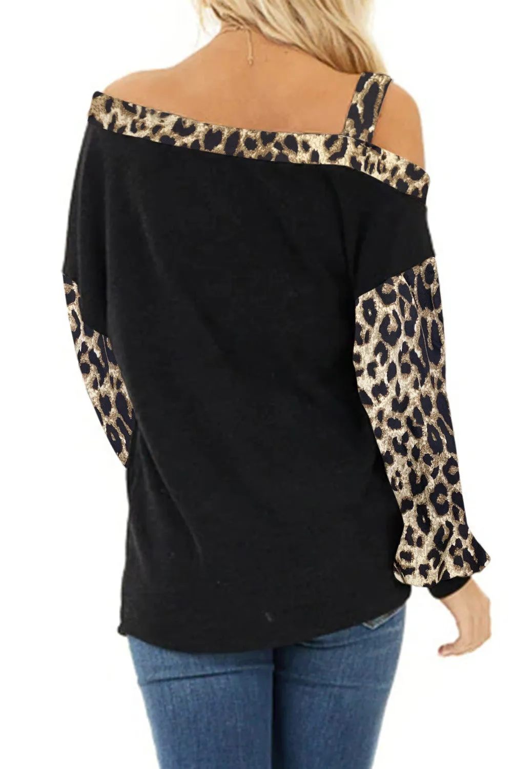 Dew Shoulder Leopard Stitching Long-sleeved Blouse