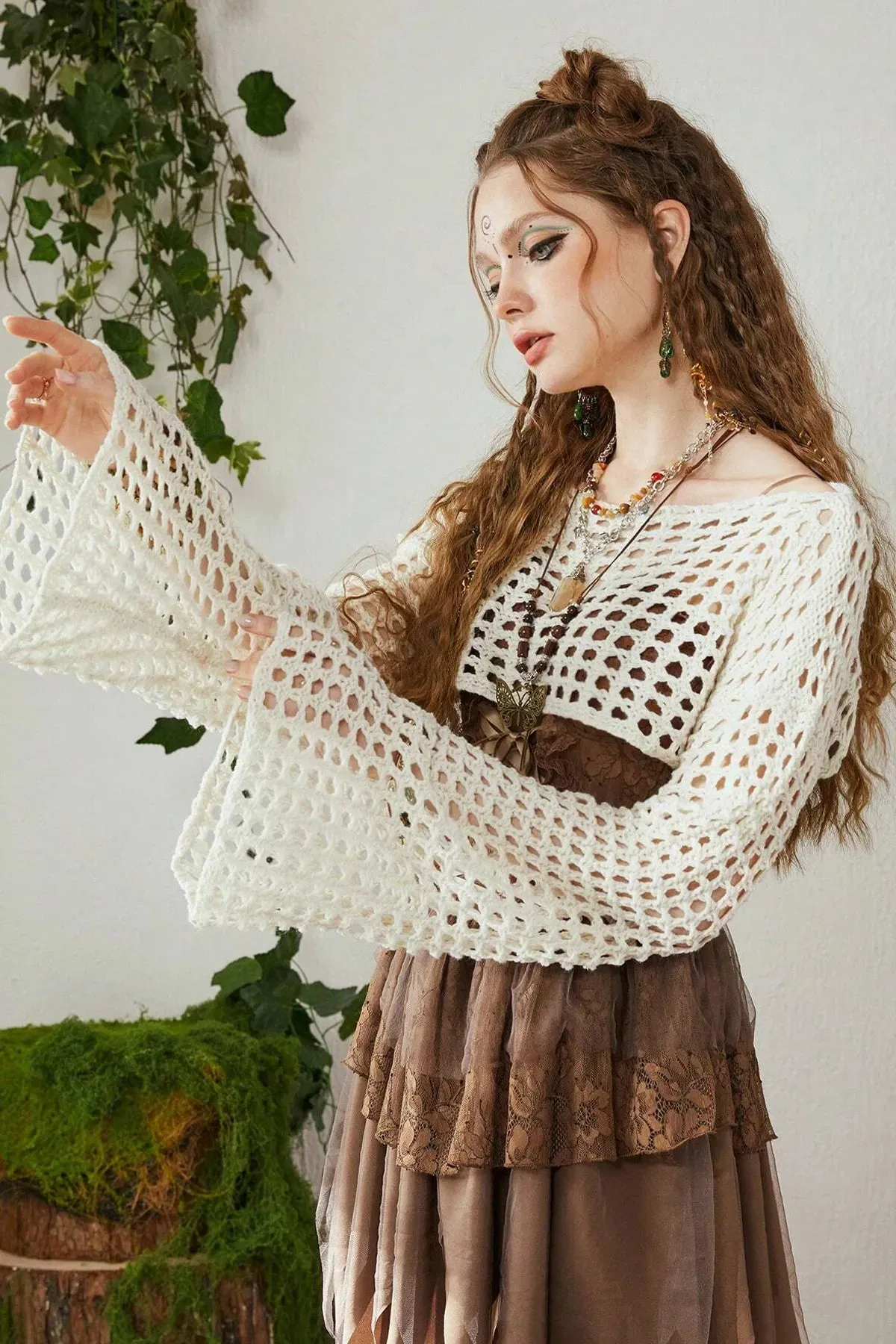 Ecru Crocket Knitted Cotton Y2K Blouse