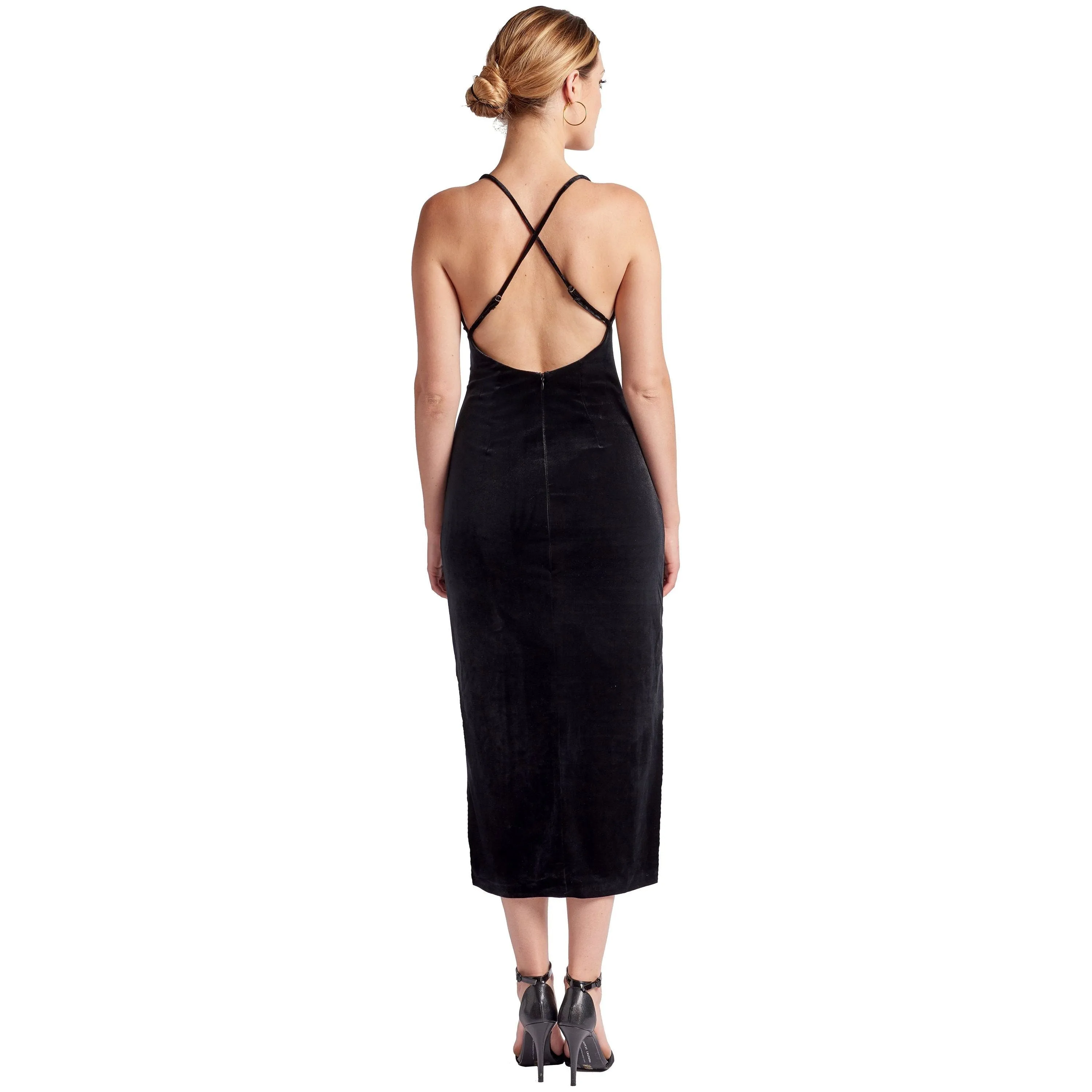 Elle black velvet slip dress with scooped back and thigh high slit