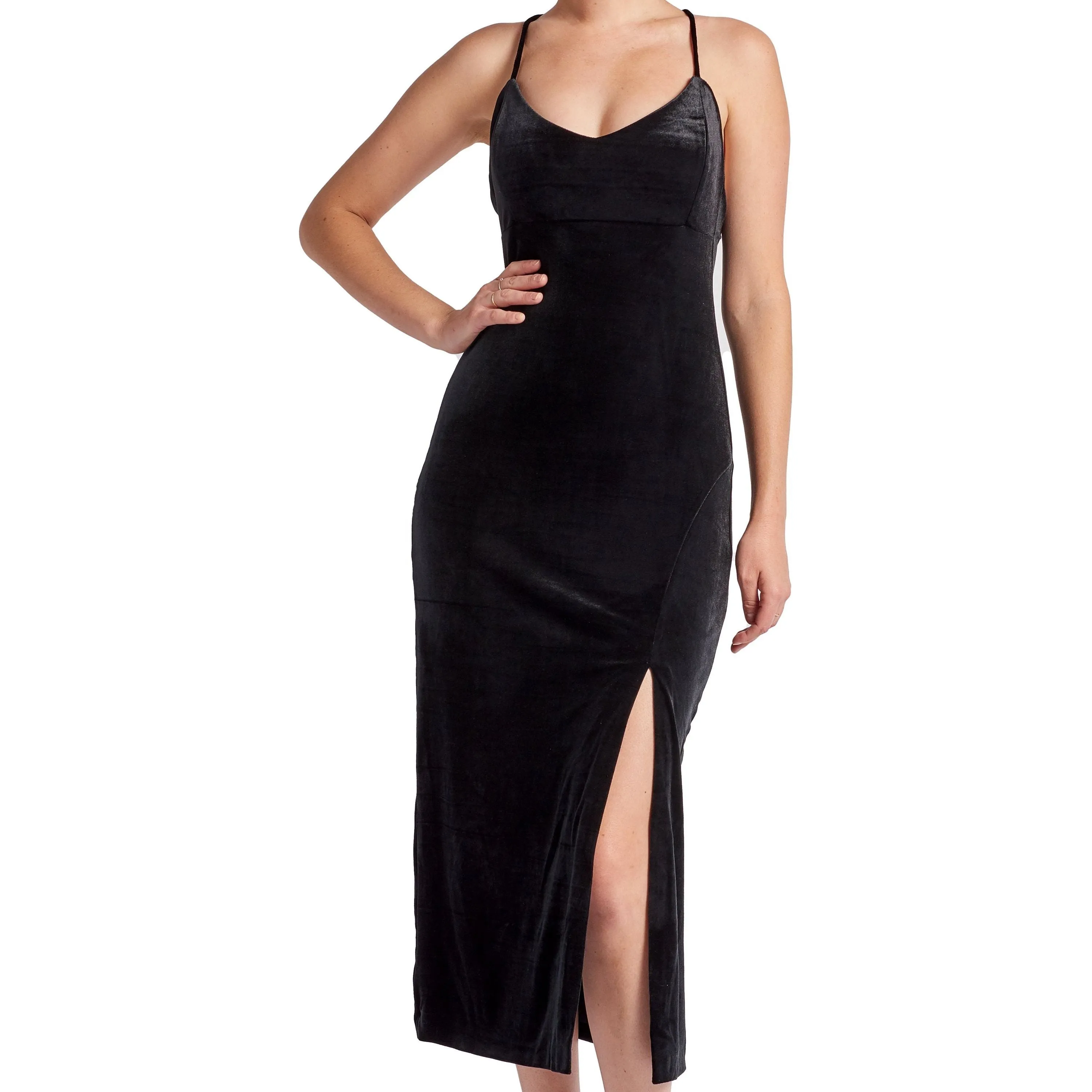Elle black velvet slip dress with scooped back and thigh high slit