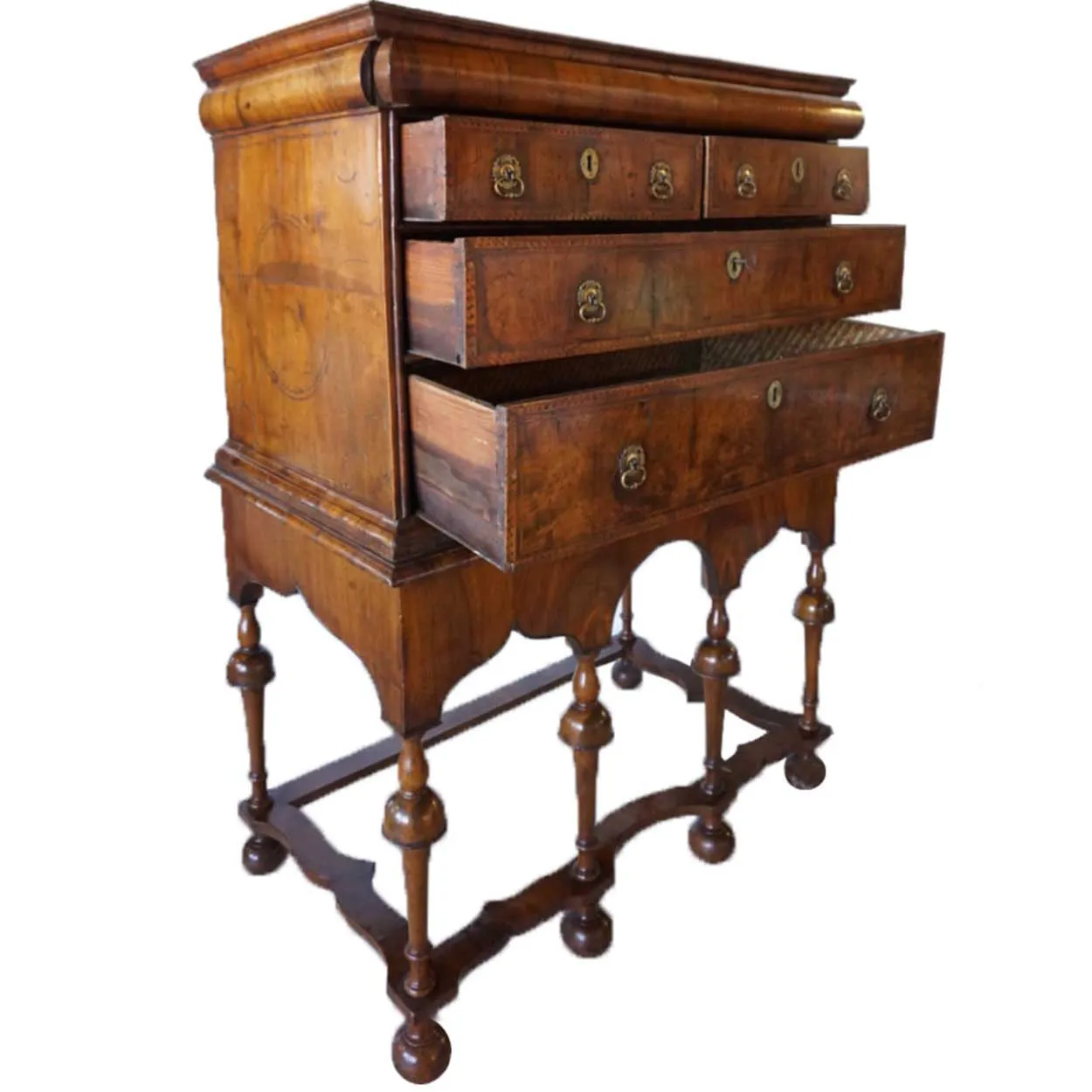English William and Mary Inlaid Burled Walnut Veneer Chest on Stand