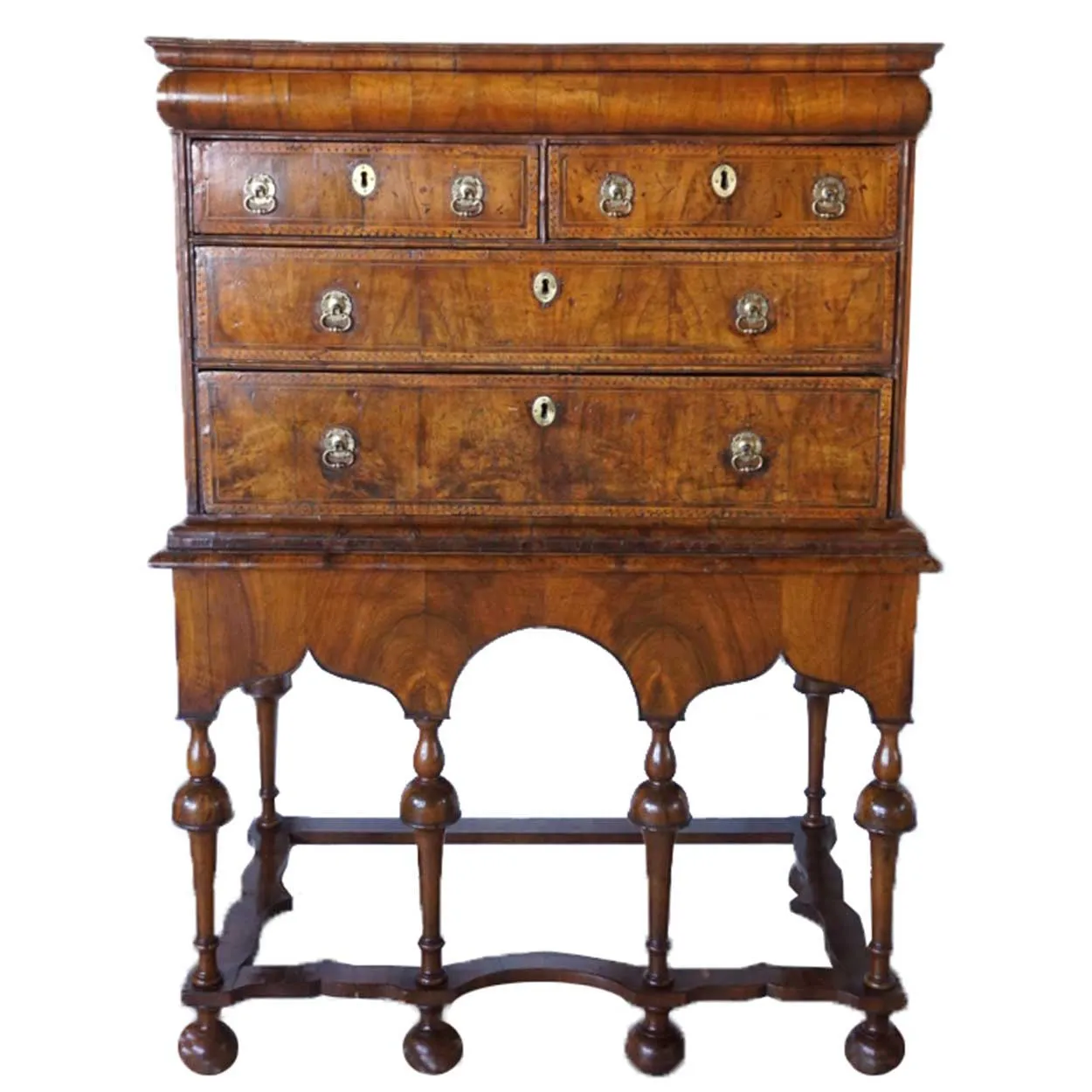 English William and Mary Inlaid Burled Walnut Veneer Chest on Stand