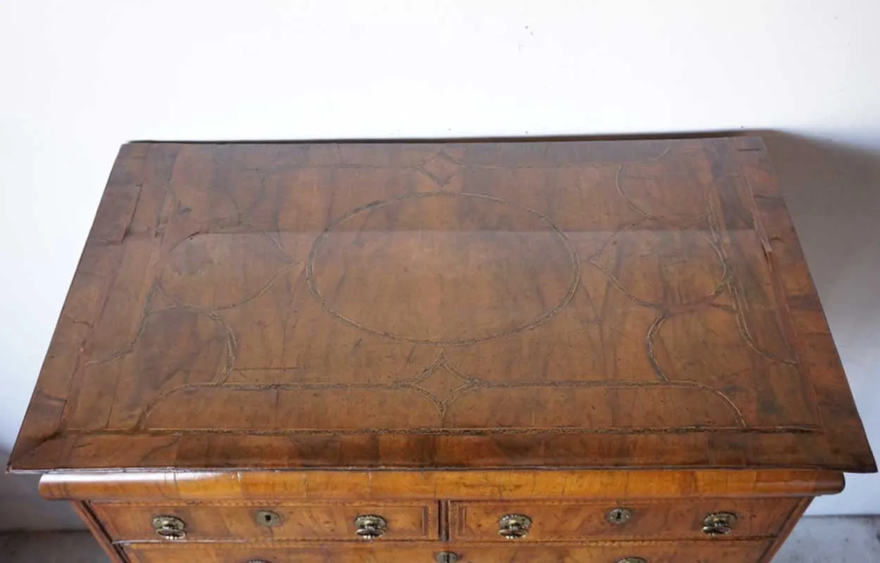 English William and Mary Inlaid Burled Walnut Veneer Chest on Stand