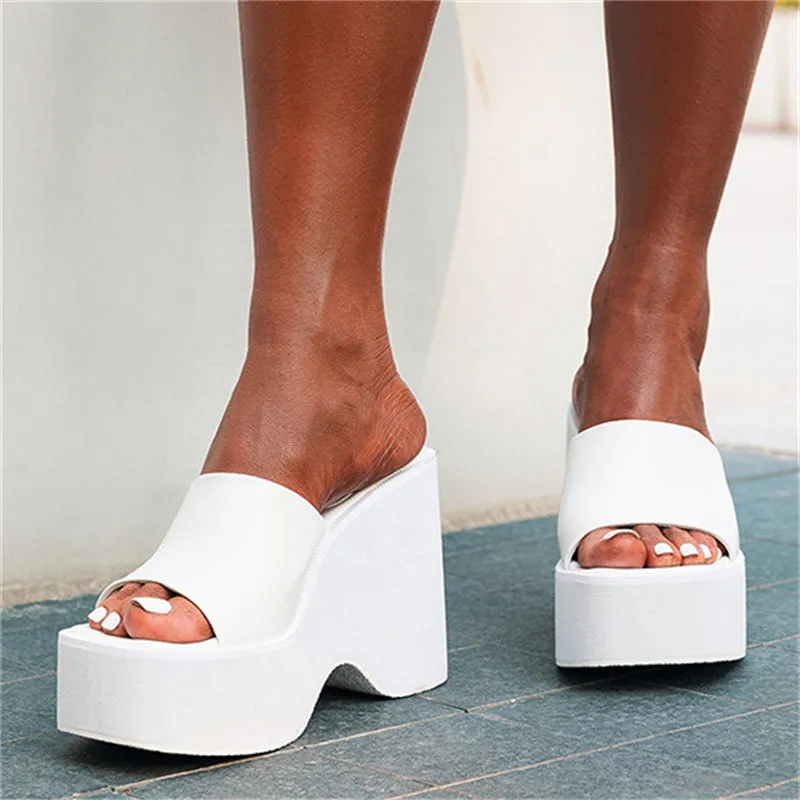 Fashion Black&White Thick Bottom Wedge High Heels Slippers for Lady