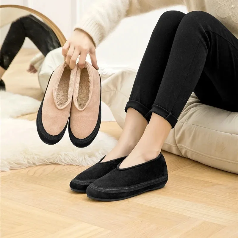 Flat Shoes New Wool Lining Warm Women Snow Shoes Genuine Leather Comfortable Female Winter Ballet Shoes Winter Women