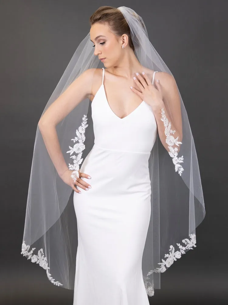 Floral Lace Appliques 60" Ivory Waltz Length Cut Edge Veil