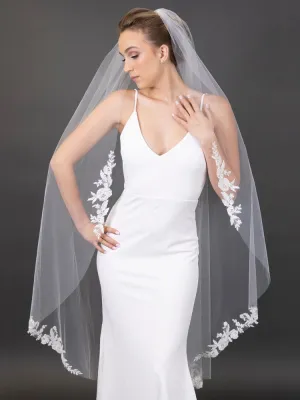 Floral Lace Appliques 60" Ivory Waltz Length Cut Edge Veil