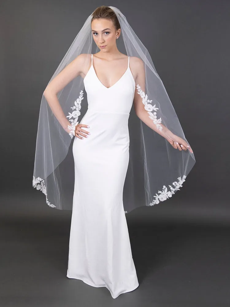Floral Lace Appliques 60" Ivory Waltz Length Cut Edge Veil