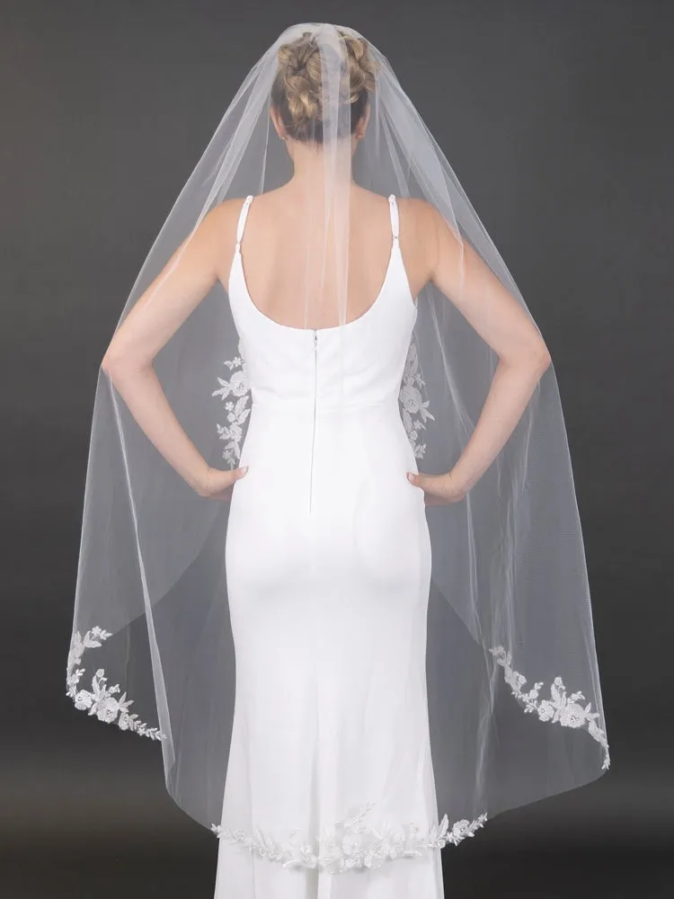 Floral Lace Appliques 60" Ivory Waltz Length Cut Edge Veil