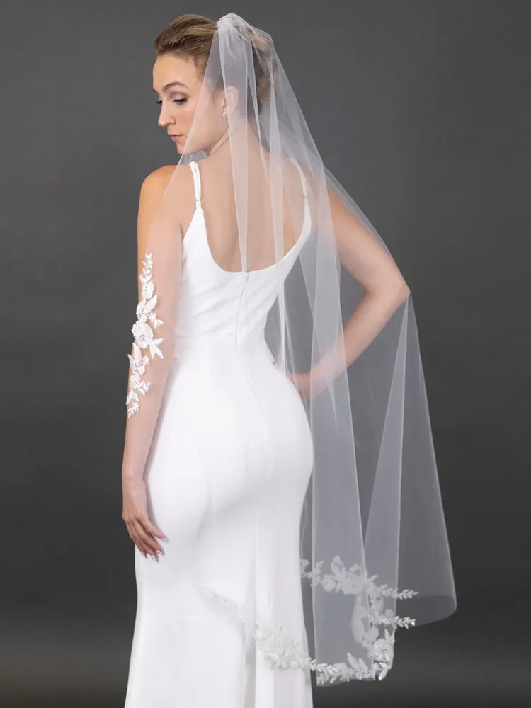 Floral Lace Appliques 60" Ivory Waltz Length Cut Edge Veil