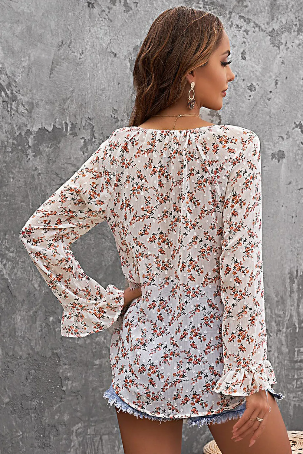 Floral Print Drawstring Long Bell Sleeve Blouse