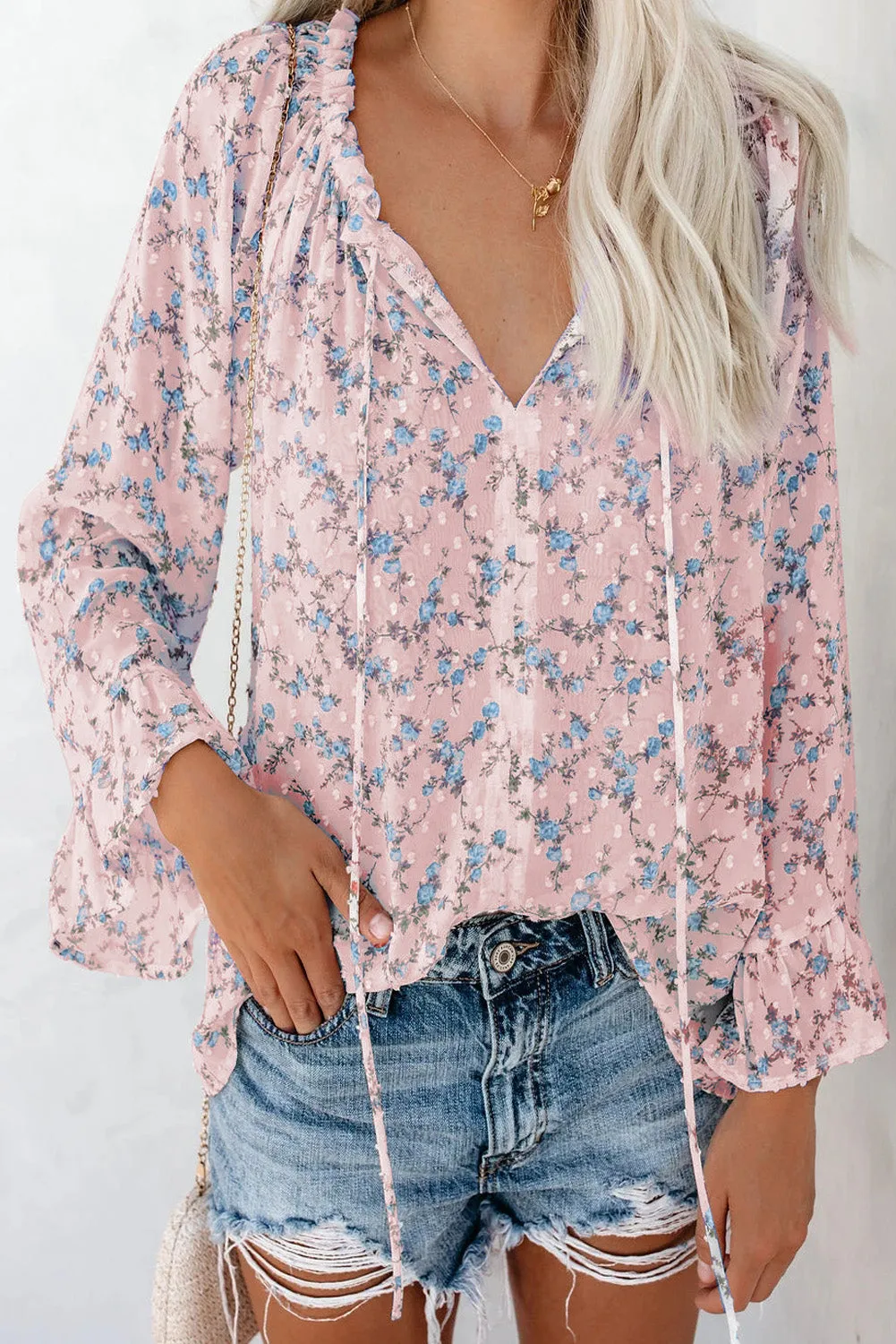 Floral Print Drawstring Long Bell Sleeve Blouse