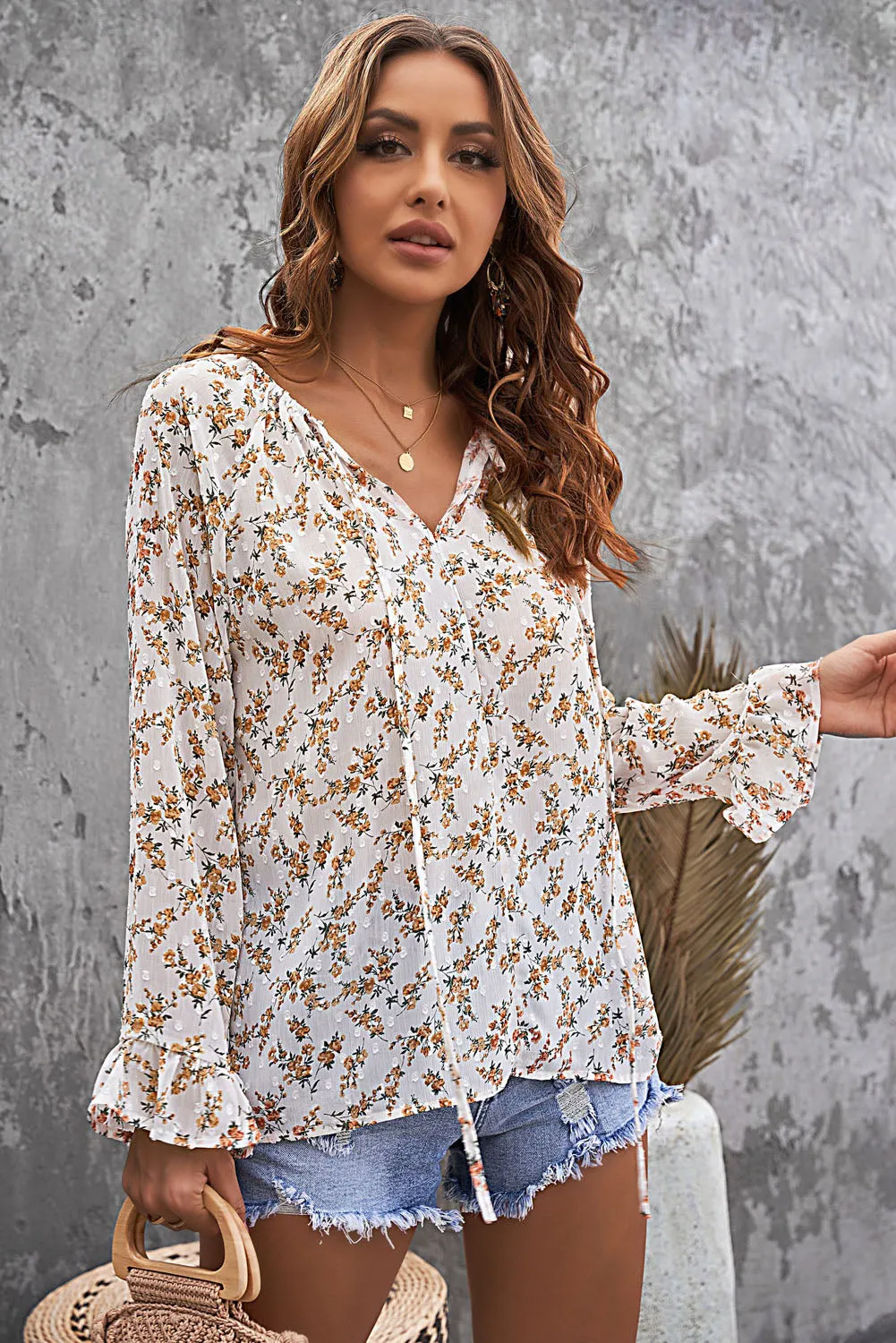 Floral Print Drawstring Long Bell Sleeve Blouse