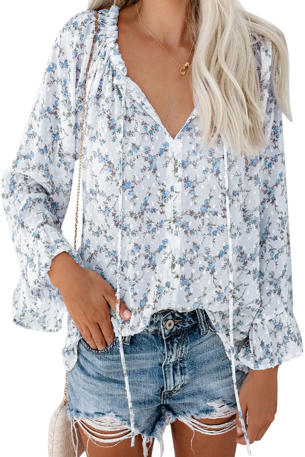 Floral Print Drawstring Long Bell Sleeve Blouse