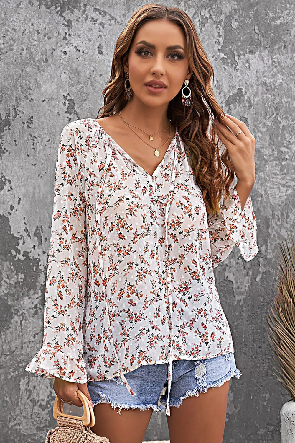 Floral Print Drawstring Long Bell Sleeve Blouse