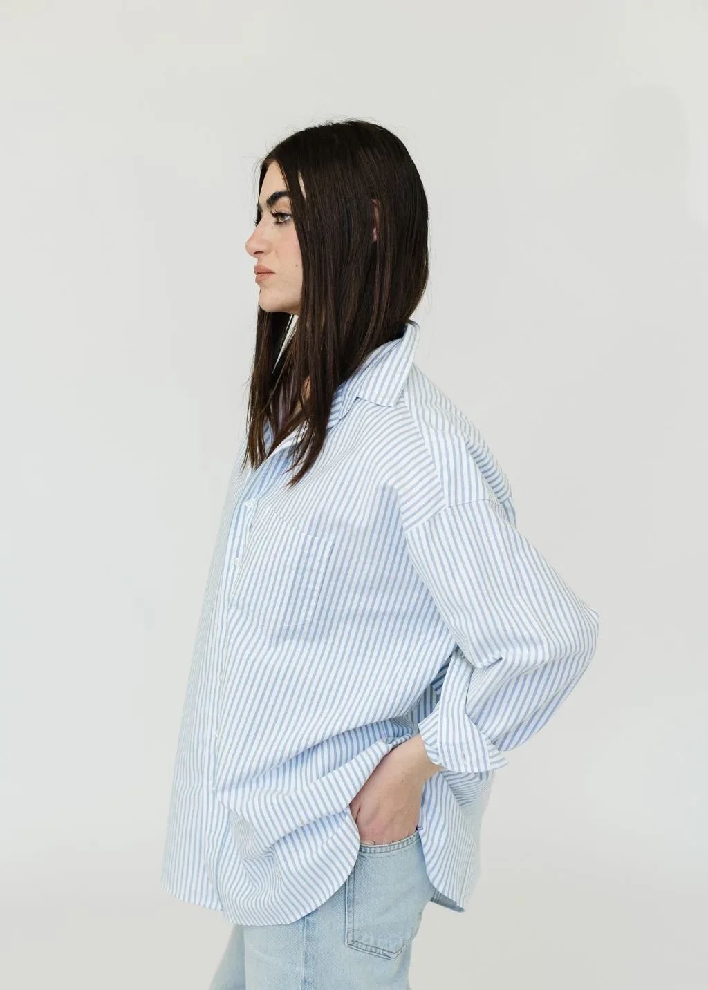 Frank & Eileen "Shirley" Oversized Button-Up Shirt in White/Blue Stripe