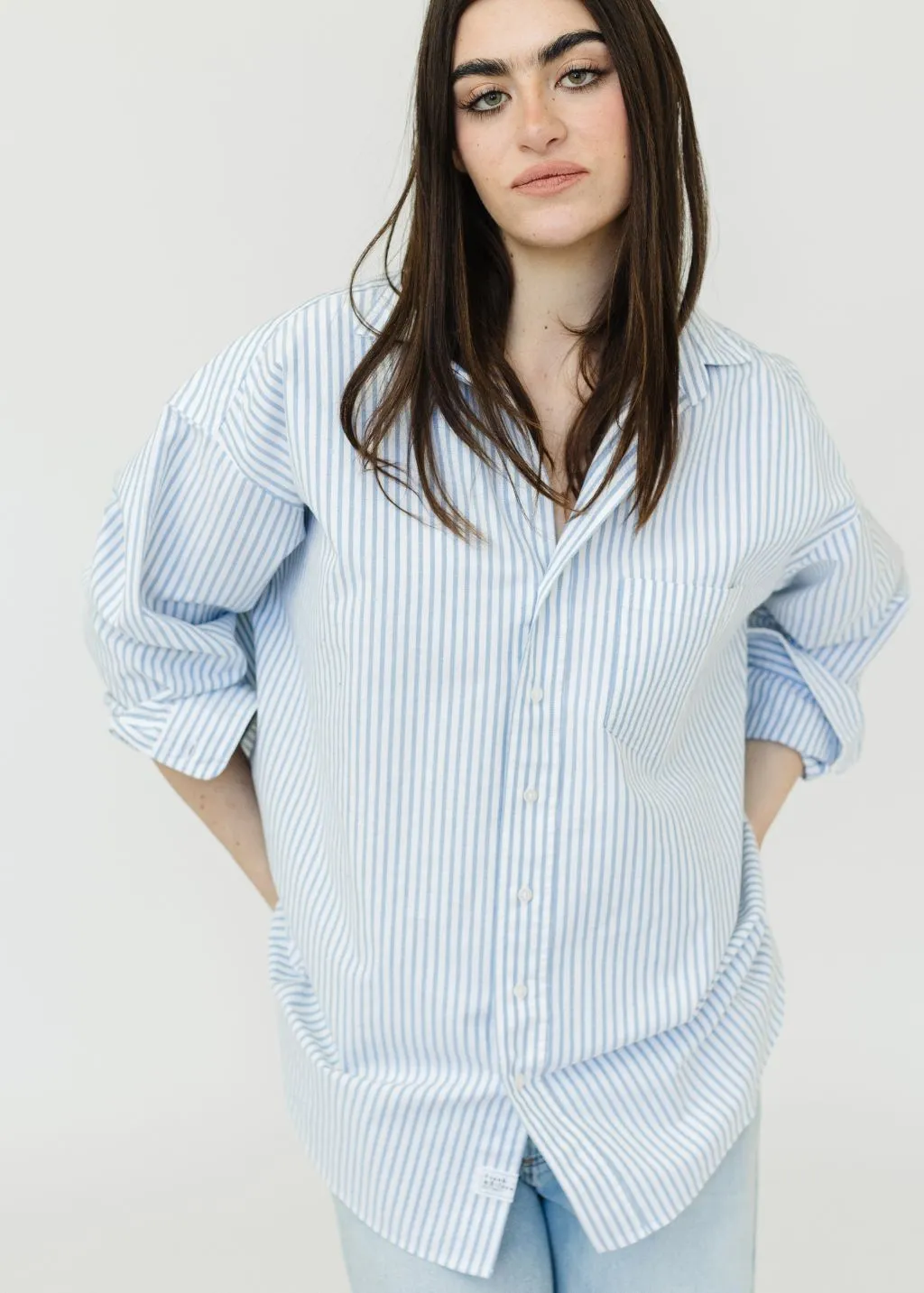 Frank & Eileen "Shirley" Oversized Button-Up Shirt in White/Blue Stripe