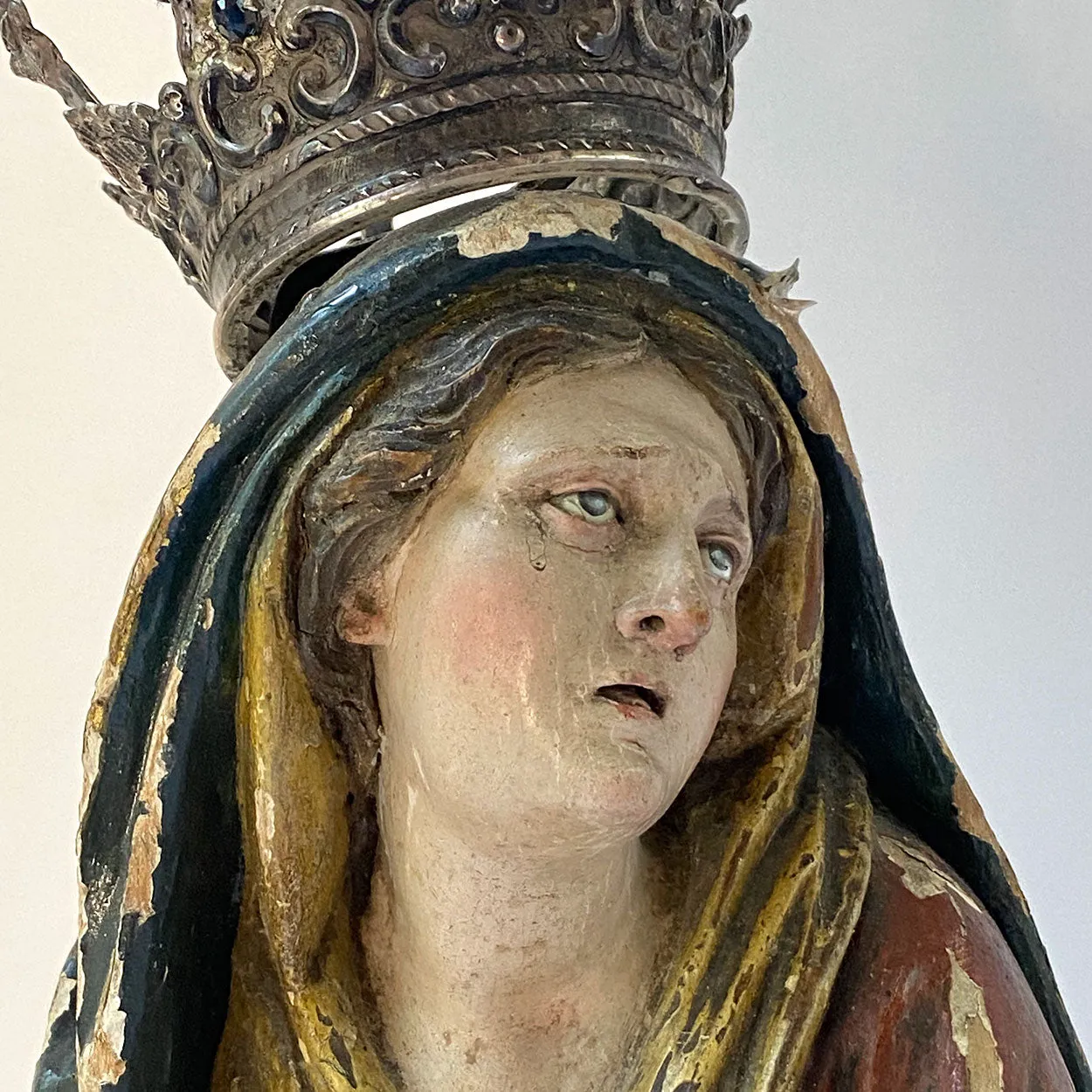 French Painted Wood, Silver and Sapphire Crowned Madonna Figure