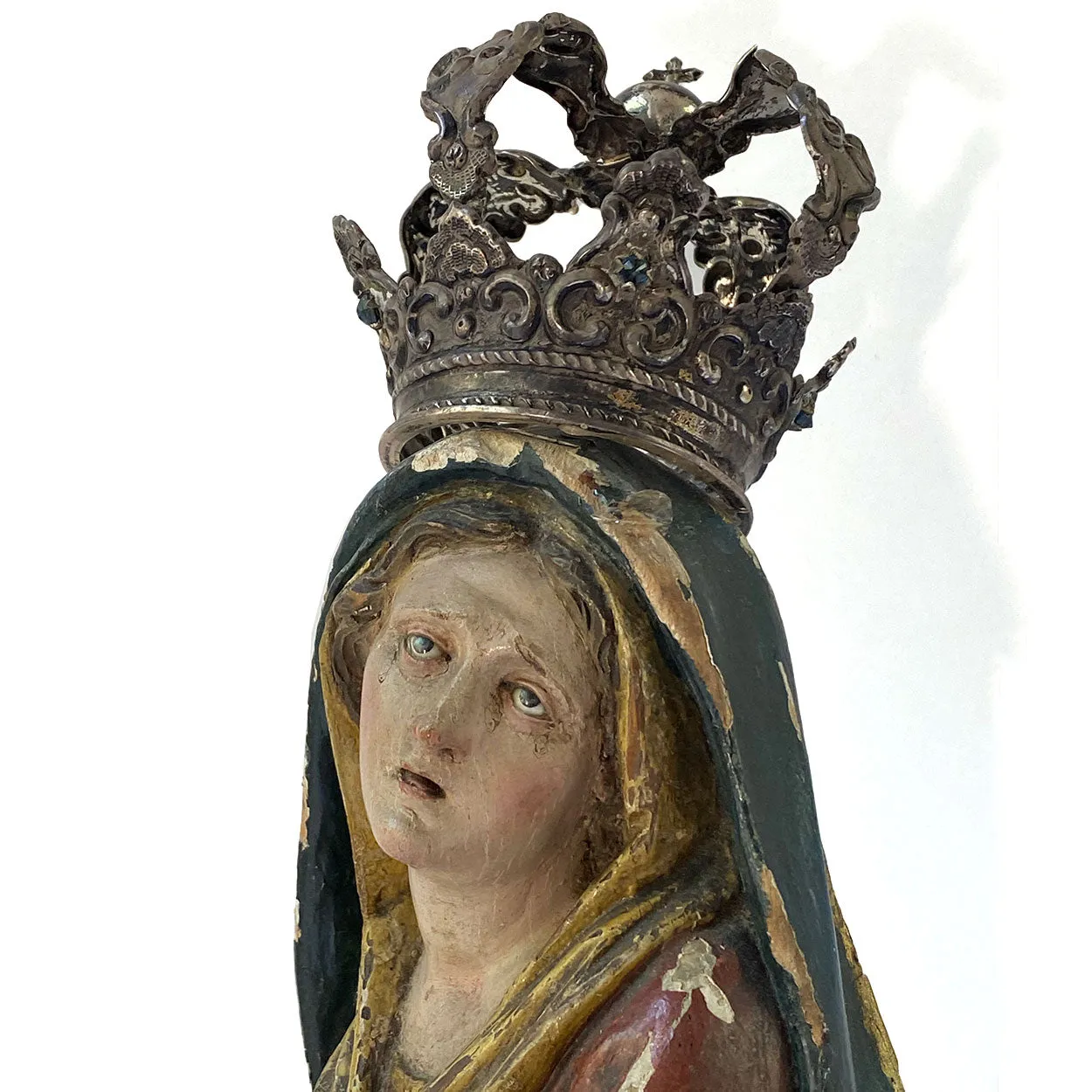 French Painted Wood, Silver and Sapphire Crowned Madonna Figure