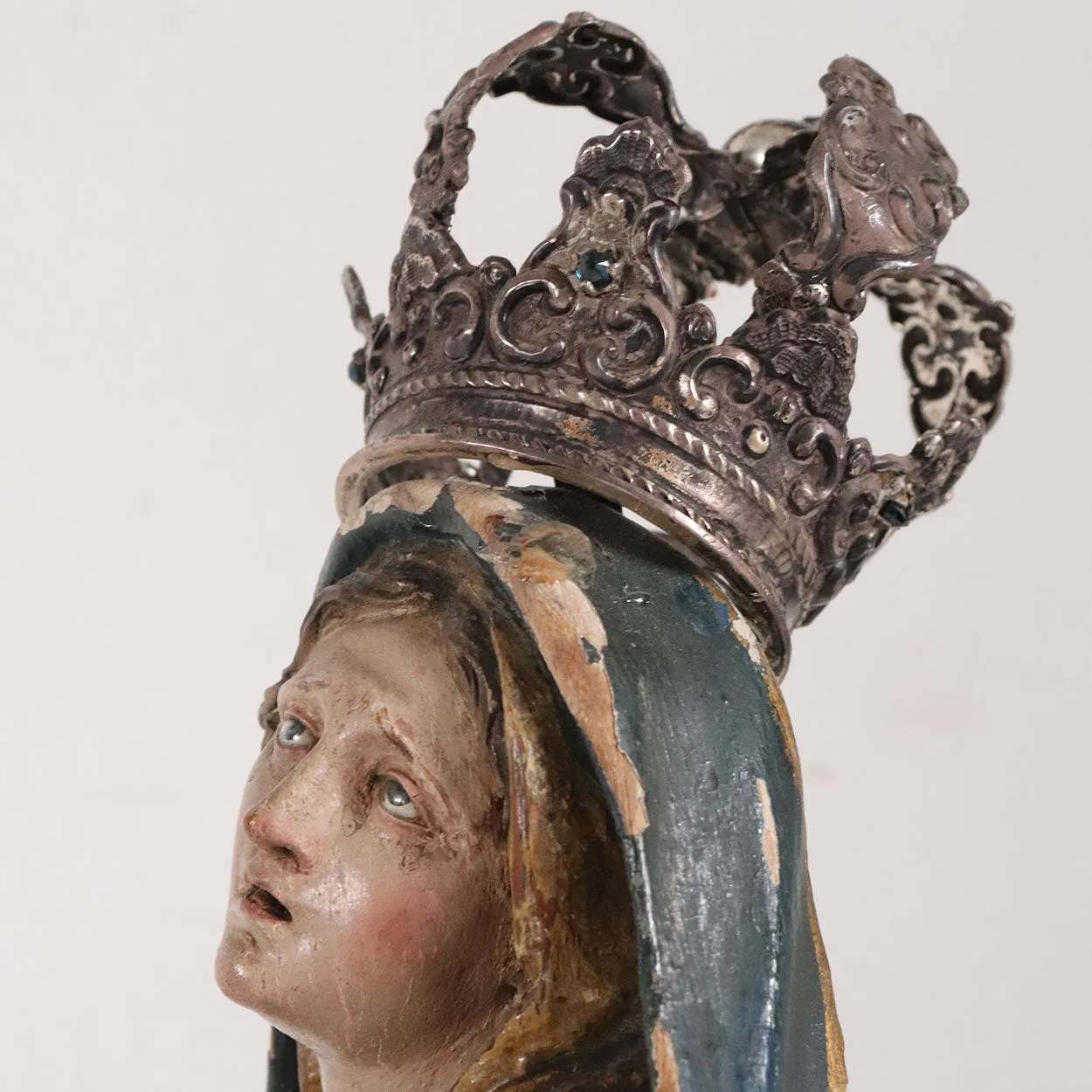 French Painted Wood, Silver and Sapphire Crowned Madonna Figure