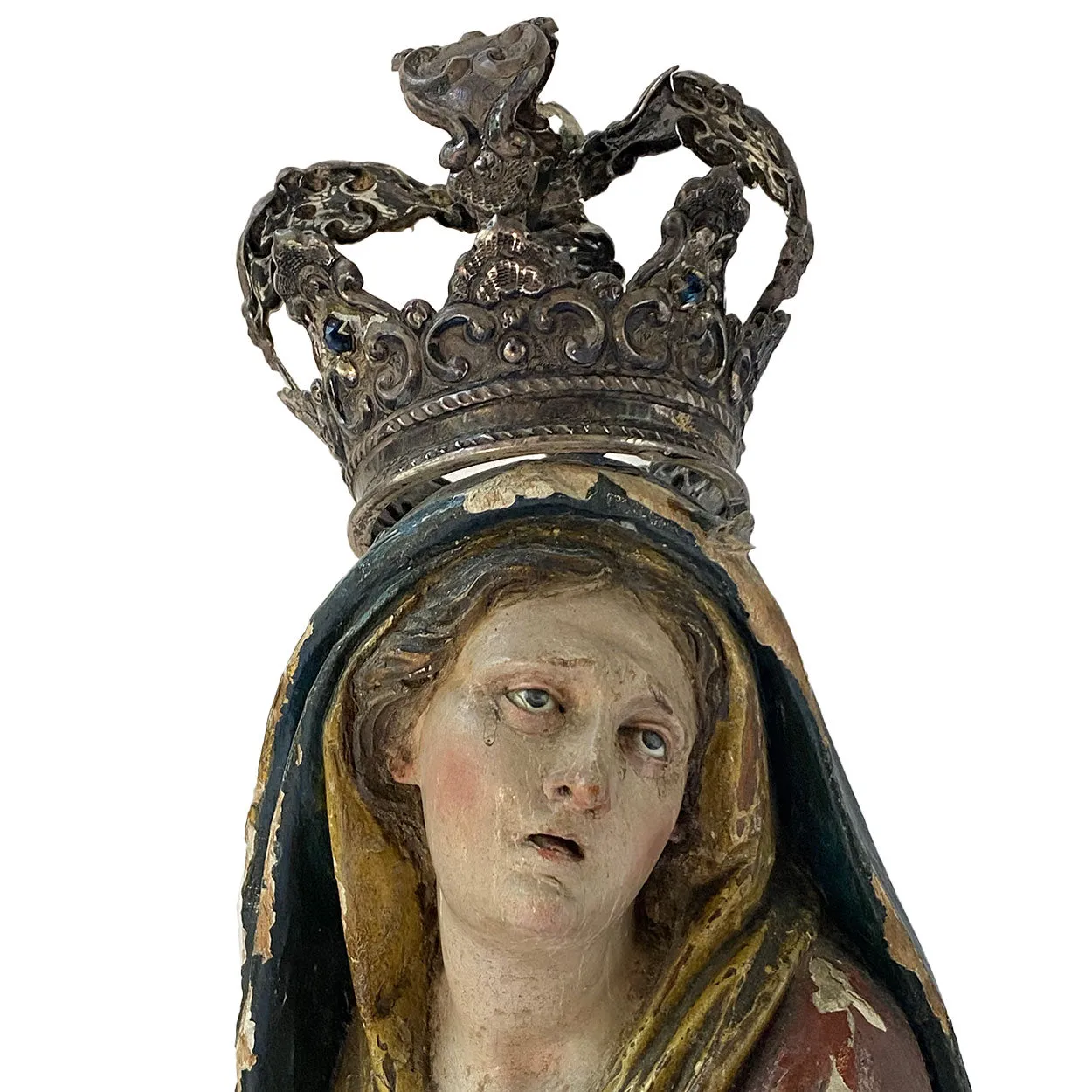 French Painted Wood, Silver and Sapphire Crowned Madonna Figure