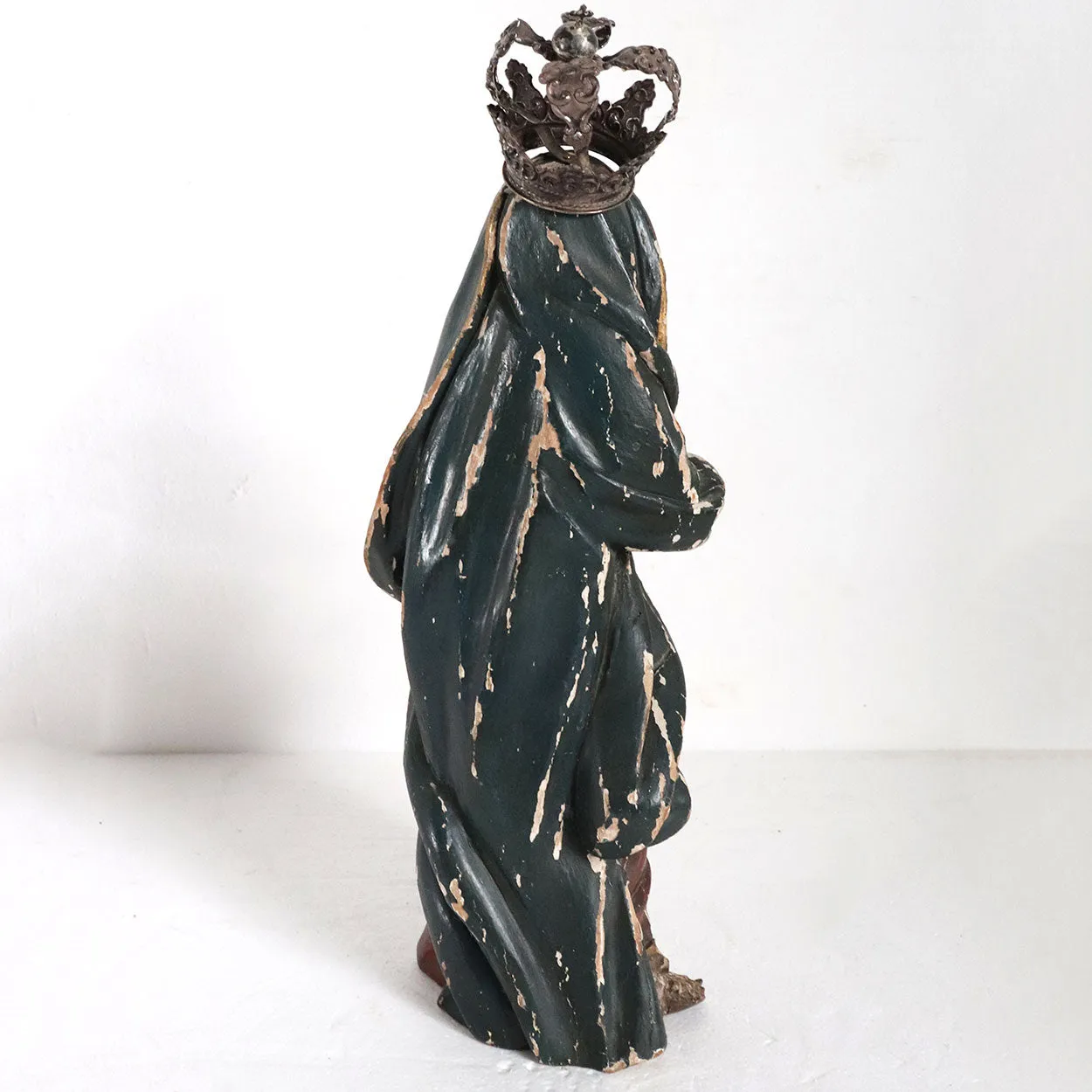 French Painted Wood, Silver and Sapphire Crowned Madonna Figure