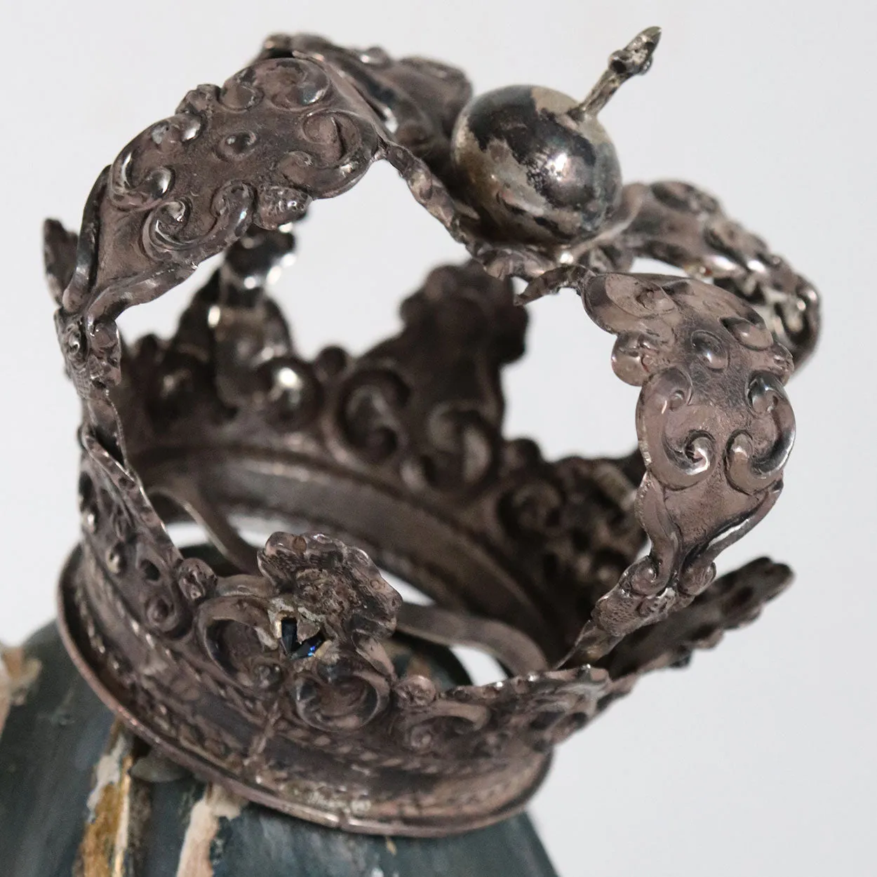 French Painted Wood, Silver and Sapphire Crowned Madonna Figure