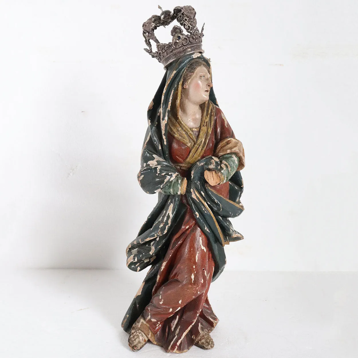 French Painted Wood, Silver and Sapphire Crowned Madonna Figure