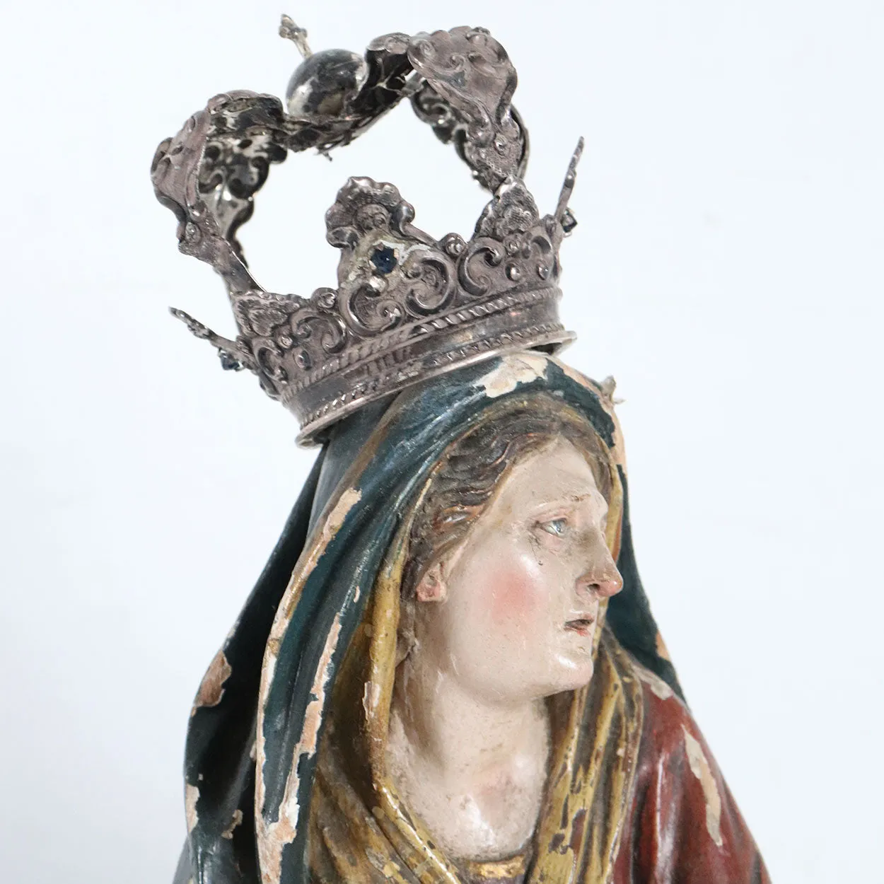 French Painted Wood, Silver and Sapphire Crowned Madonna Figure