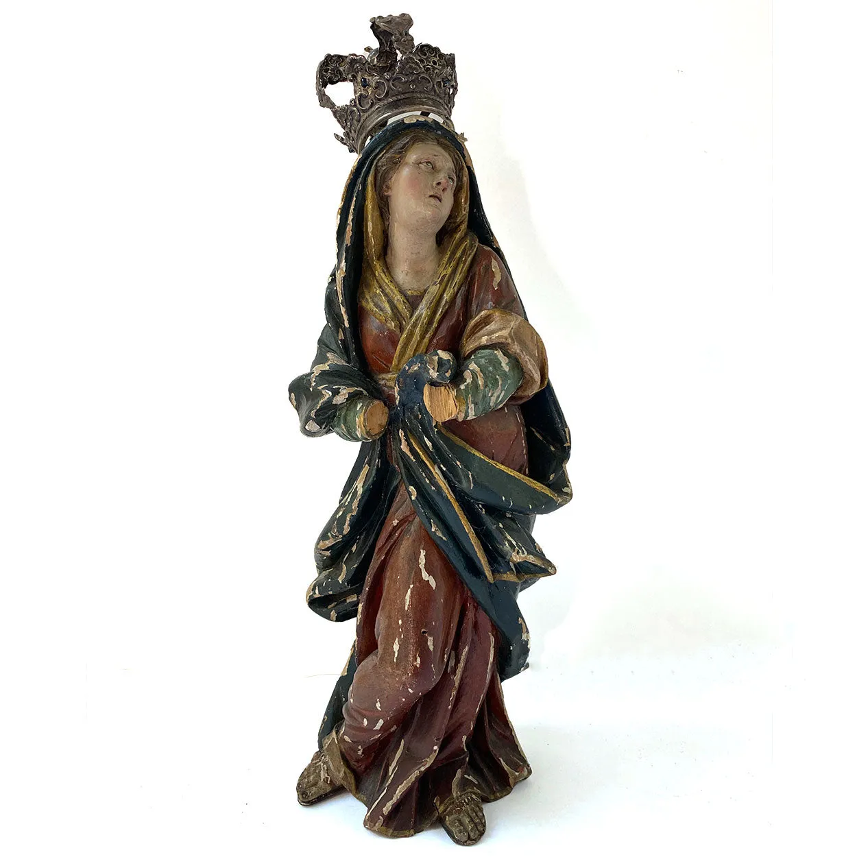 French Painted Wood, Silver and Sapphire Crowned Madonna Figure