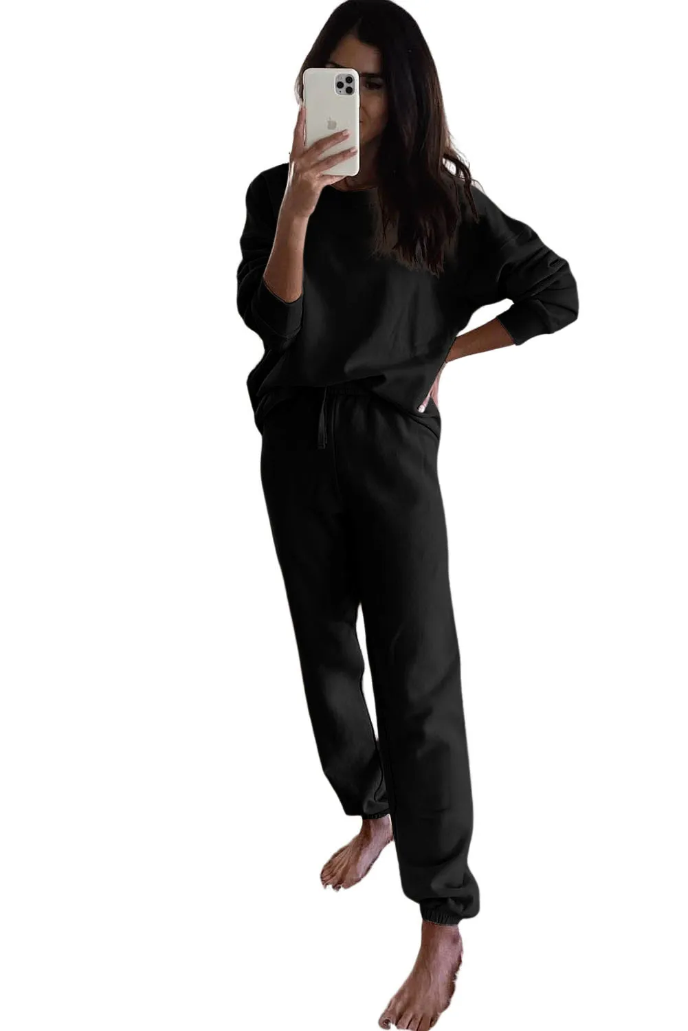 Gray Long Sleeve Top and Drawstring Pants Lounge Outfit