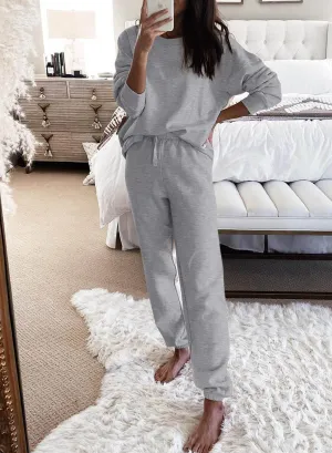 Gray Long Sleeve Top and Drawstring Pants Lounge Outfit