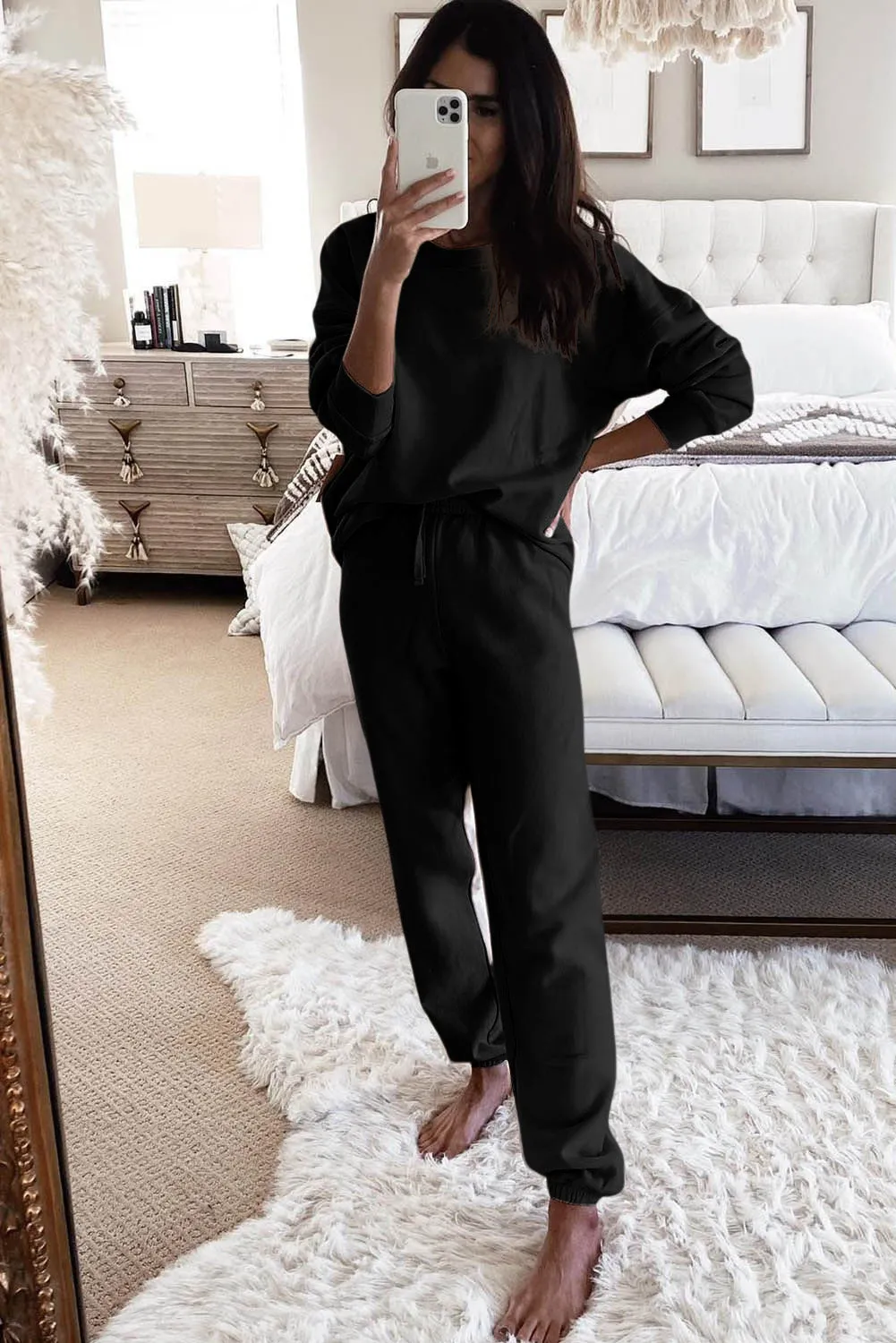Gray Long Sleeve Top and Drawstring Pants Lounge Outfit
