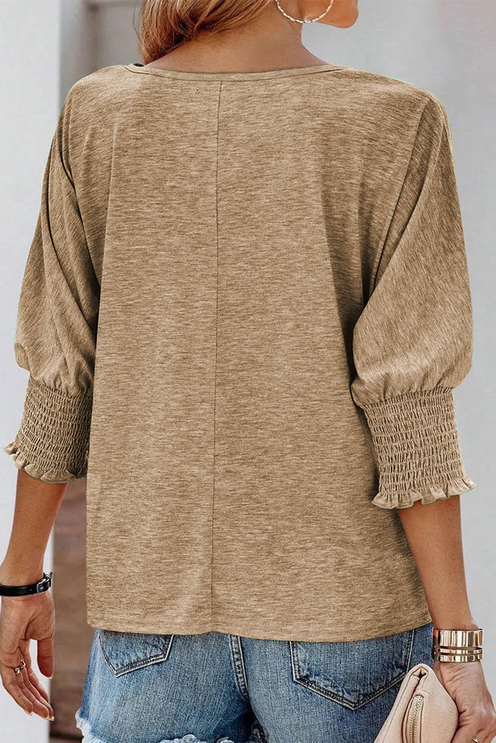 Green Smocked 3/4 Sleeve Casual Loose Top
