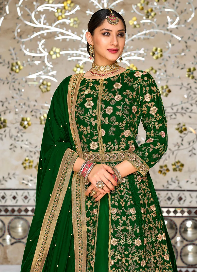 Green Zari Embroidered Slit Style Wedding Lehenga