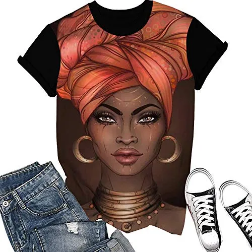 HAHTUUE Women's T-Shirts Afro Girl African American - Black Natural Hair Styles 3D Floral Print Casual Tops for Women Tees M