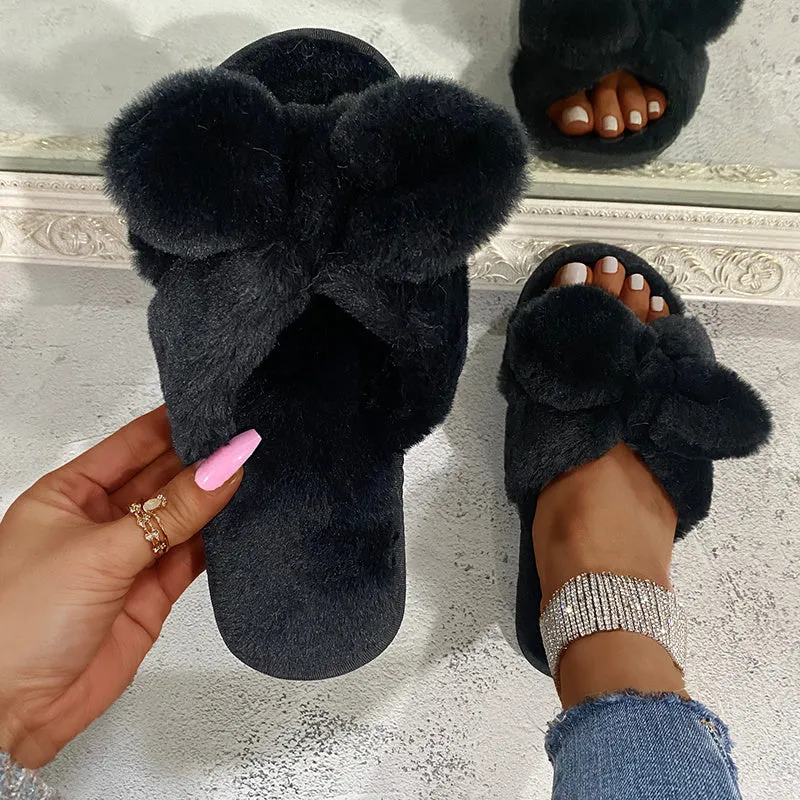 Hairy Drag Women Bow Open-toed Outer Wear Home Warm Flat Cotton Slippers