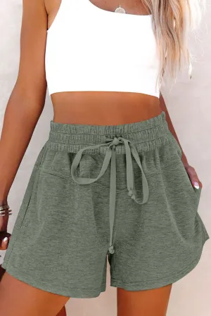 High Rise Elastic Drawstring Waistband Side Pockets Knit Shorts