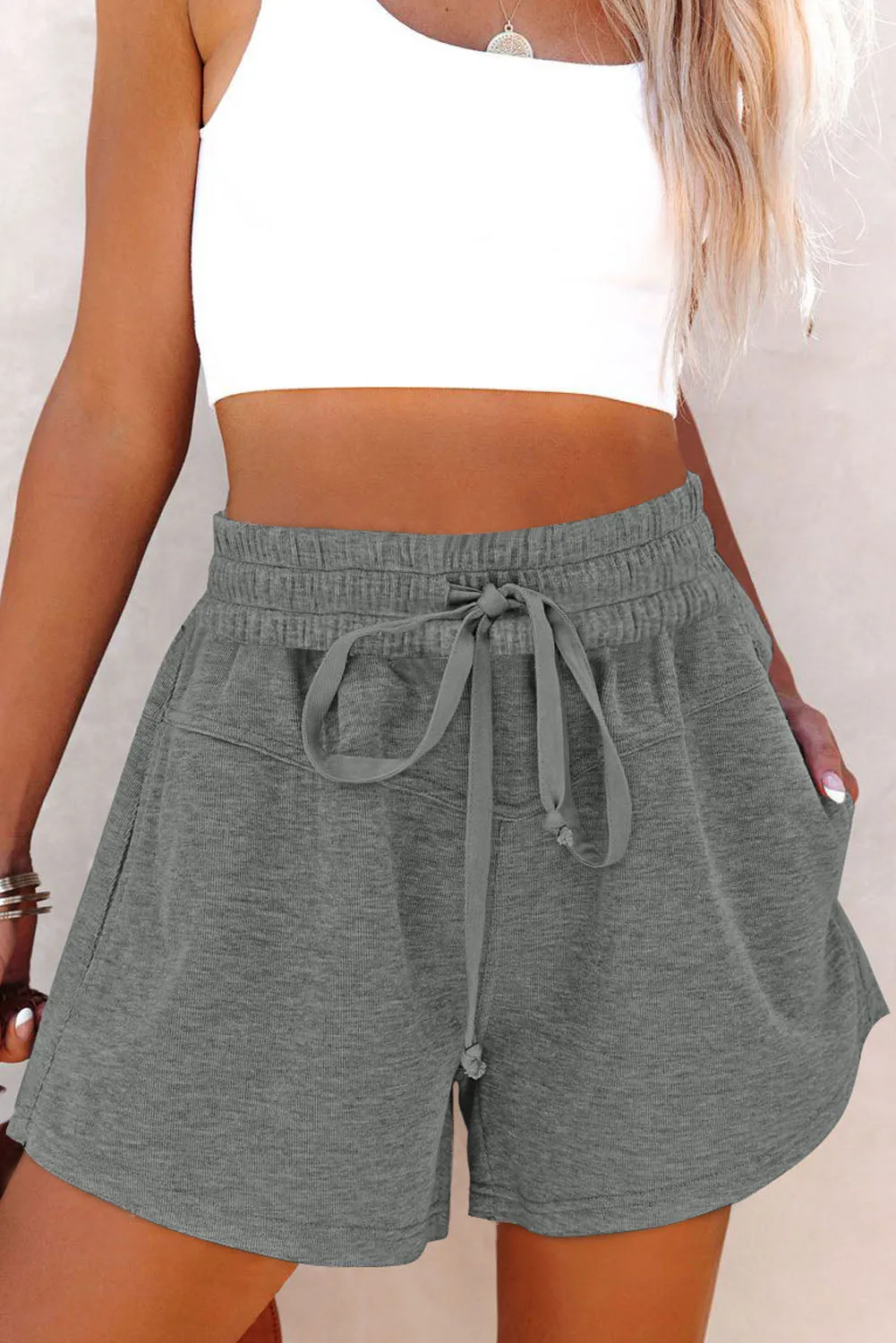 High Rise Elastic Drawstring Waistband Side Pockets Knit Shorts