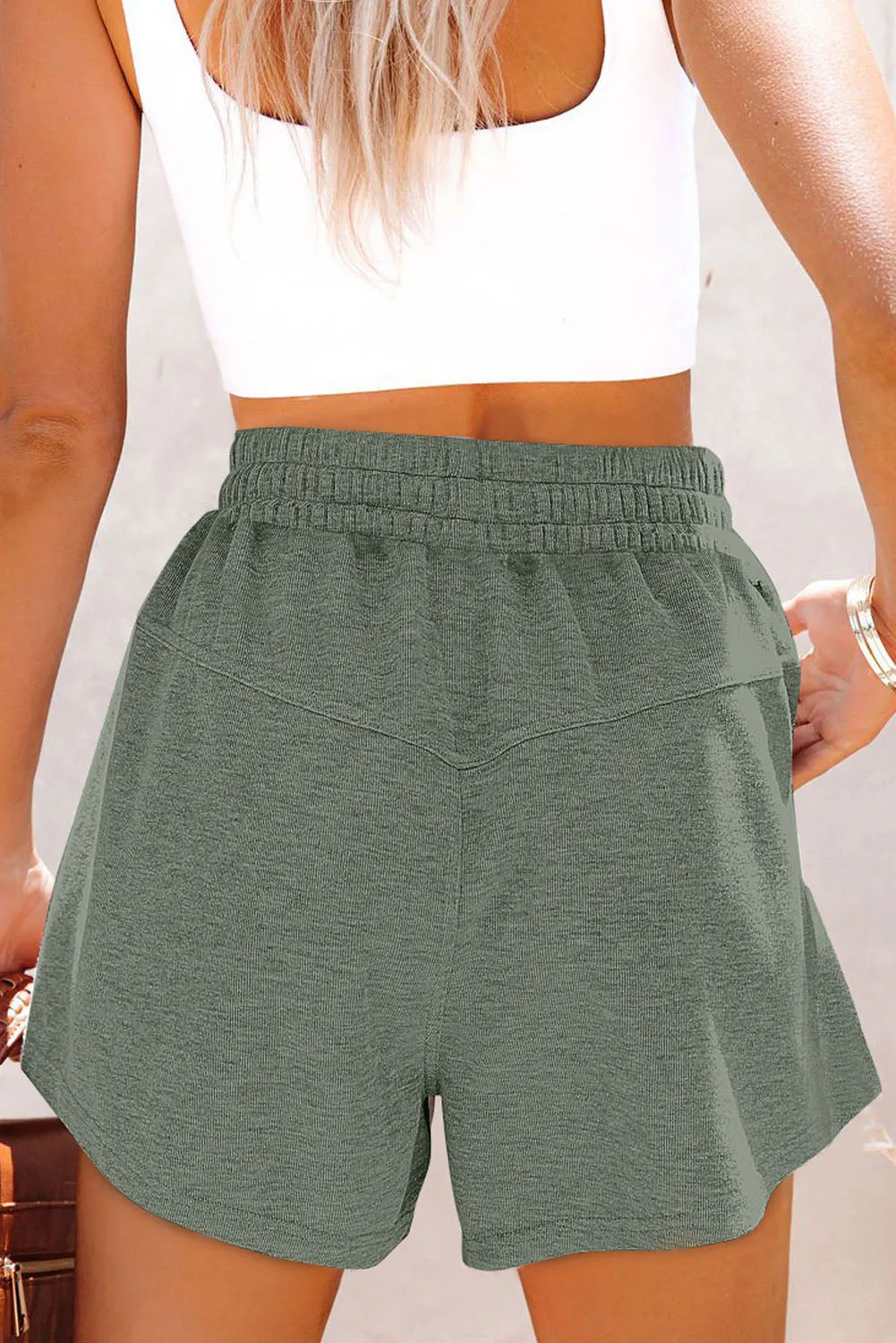 High Rise Elastic Drawstring Waistband Side Pockets Knit Shorts