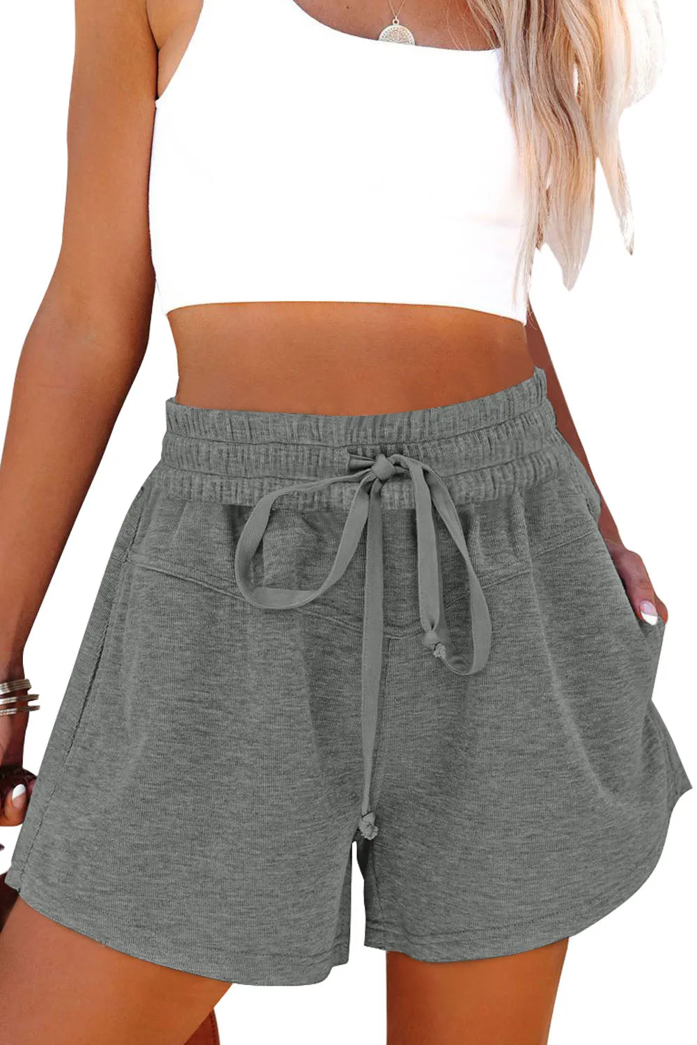 High Rise Elastic Drawstring Waistband Side Pockets Knit Shorts