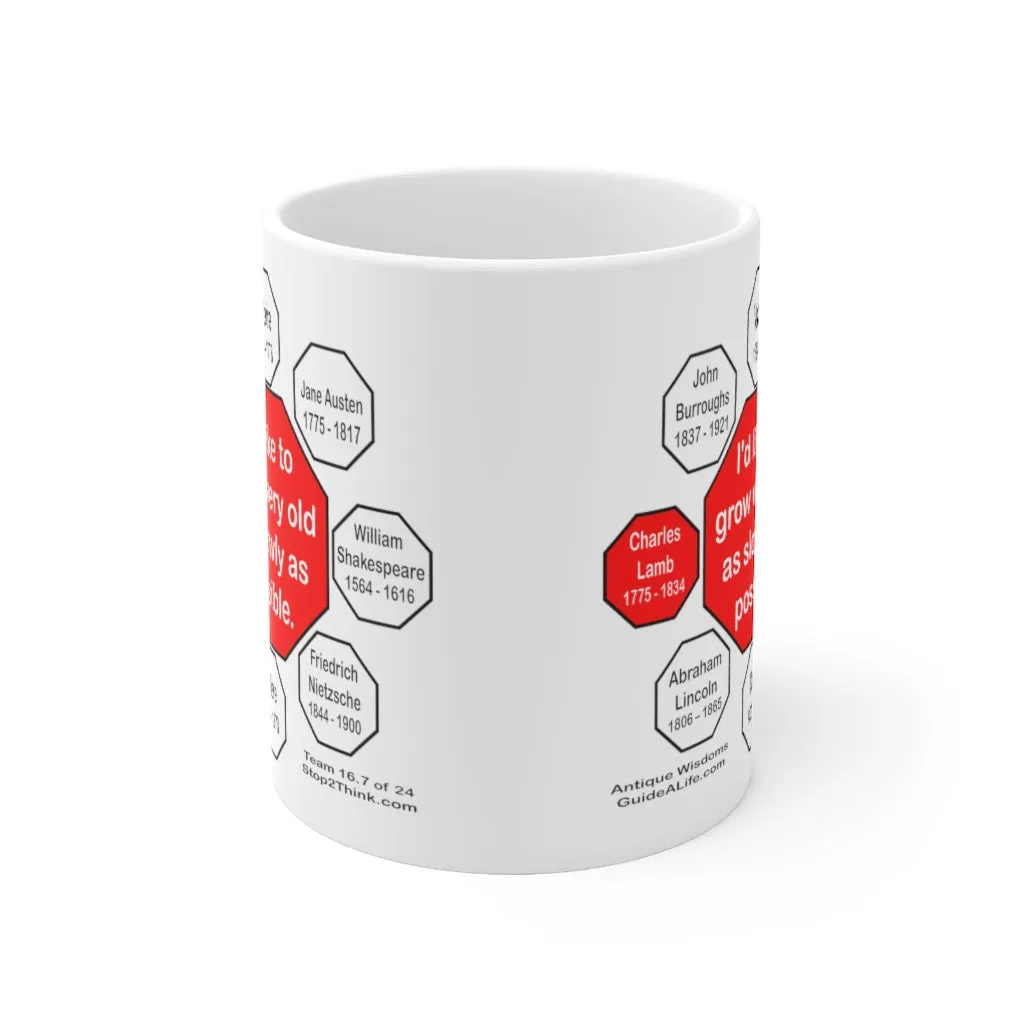 I'd like to grow very old as slowly as possible.  -  Charles Lamb  1775 - 1834 - Drink Wisely in MugWisdom - Ceramic  11oz cup - MW-16.7