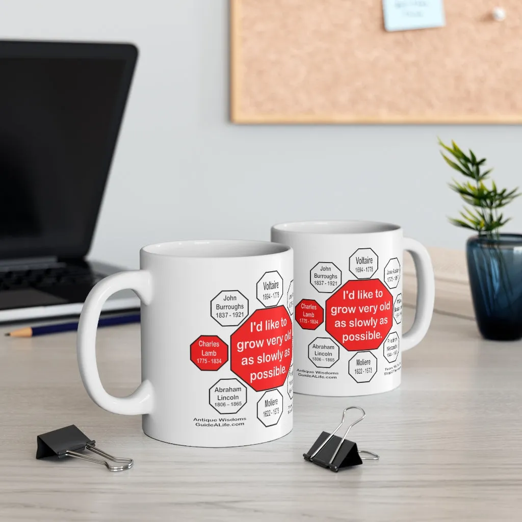 I'd like to grow very old as slowly as possible.  -  Charles Lamb  1775 - 1834 - Drink Wisely in MugWisdom - Ceramic  11oz cup - MW-16.7