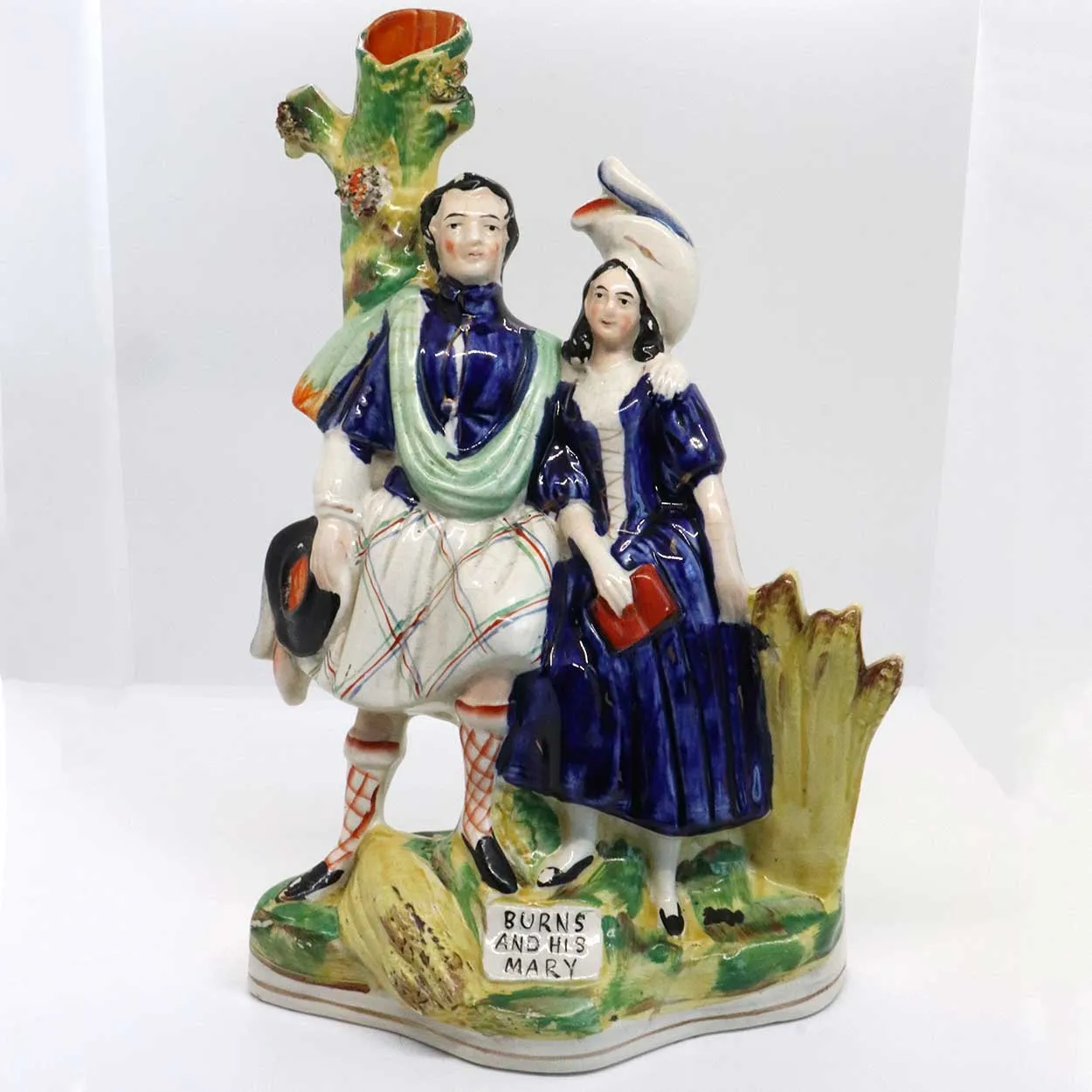 Large English Staffordshire Flatback Figural Group Spill Vase, Burns and his Mary