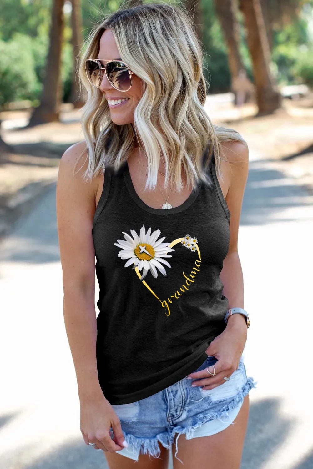 Letters Sunflower Graphic Tank Top