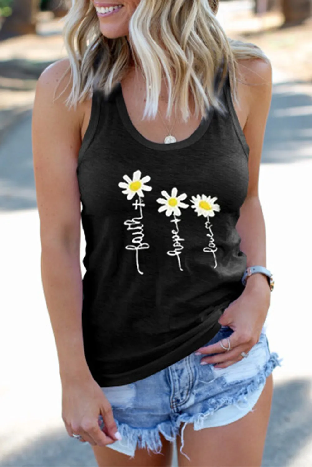Letters Sunflower Graphic Tank Top