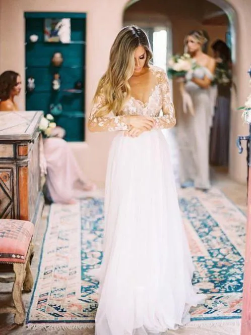 Long Sleeves Cheap Wedding Dresses, Sexy Backless A-line Bridal Dresses TN238