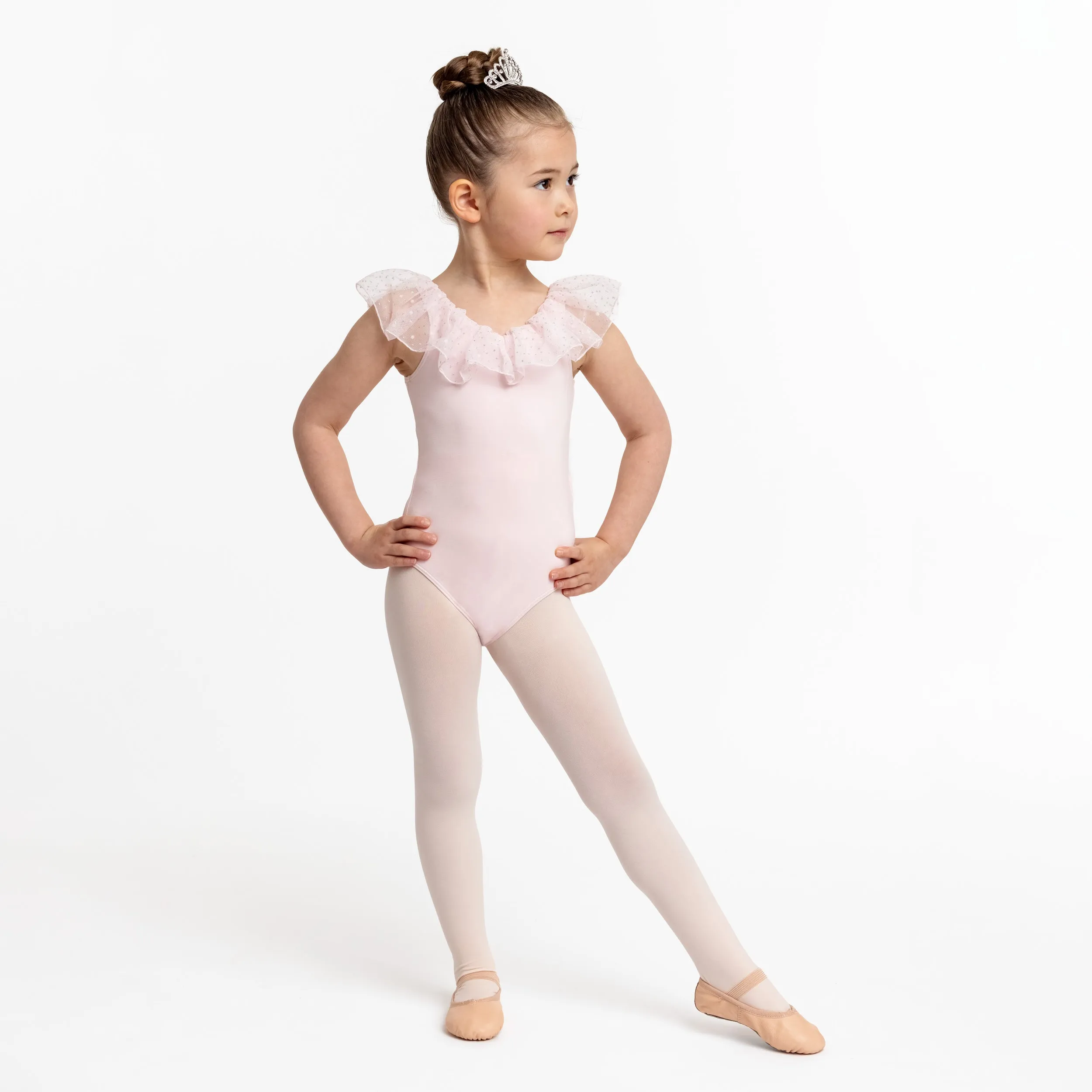 Lucille: Glitter Frill Neck Leotard in Pink