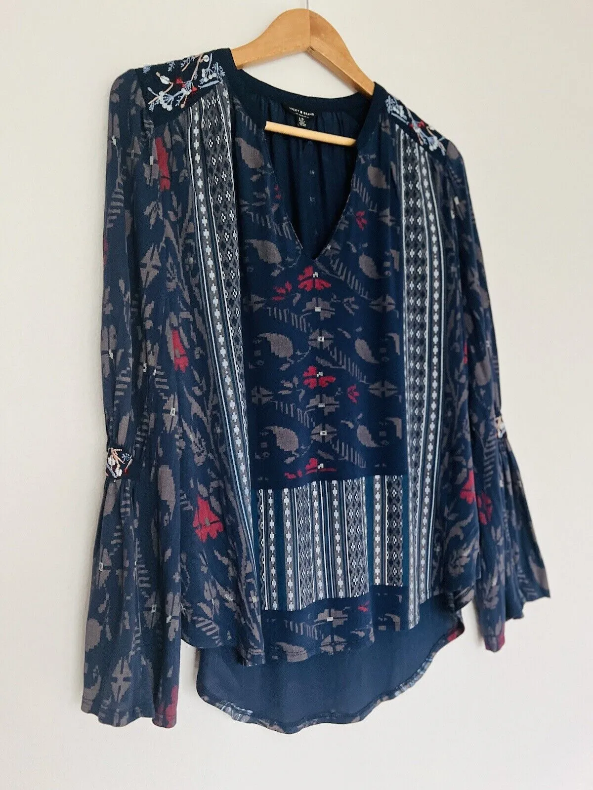 LUCKY BRAND Bell Sleeve Blouse Boho Floral Striped Pullover Top Hi-Low Tunic